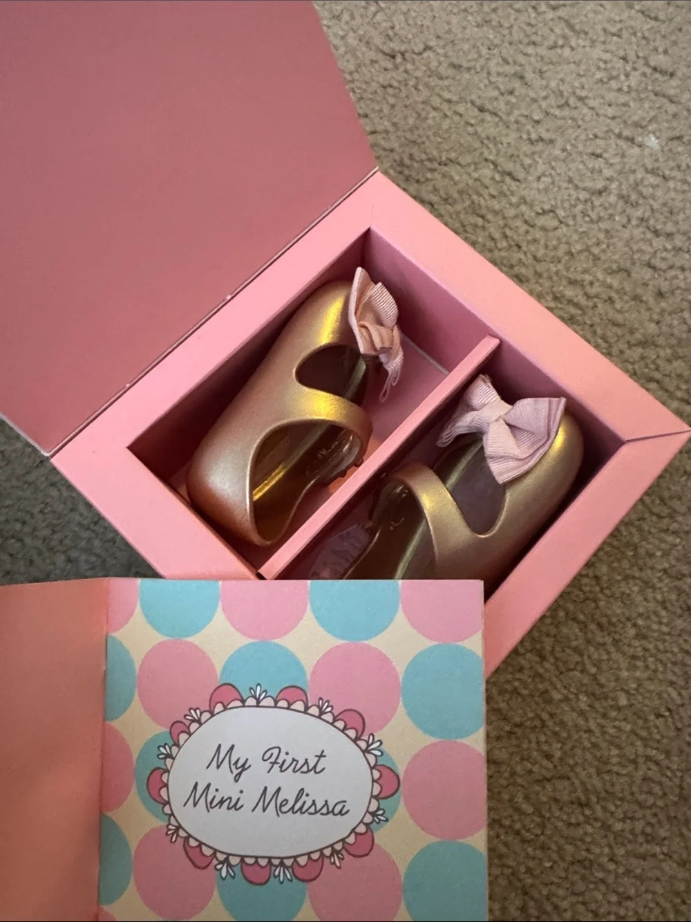 Mini Melissa Metallic Rose Gold Mary Janes with Pink Fabric Bows. Used w/box